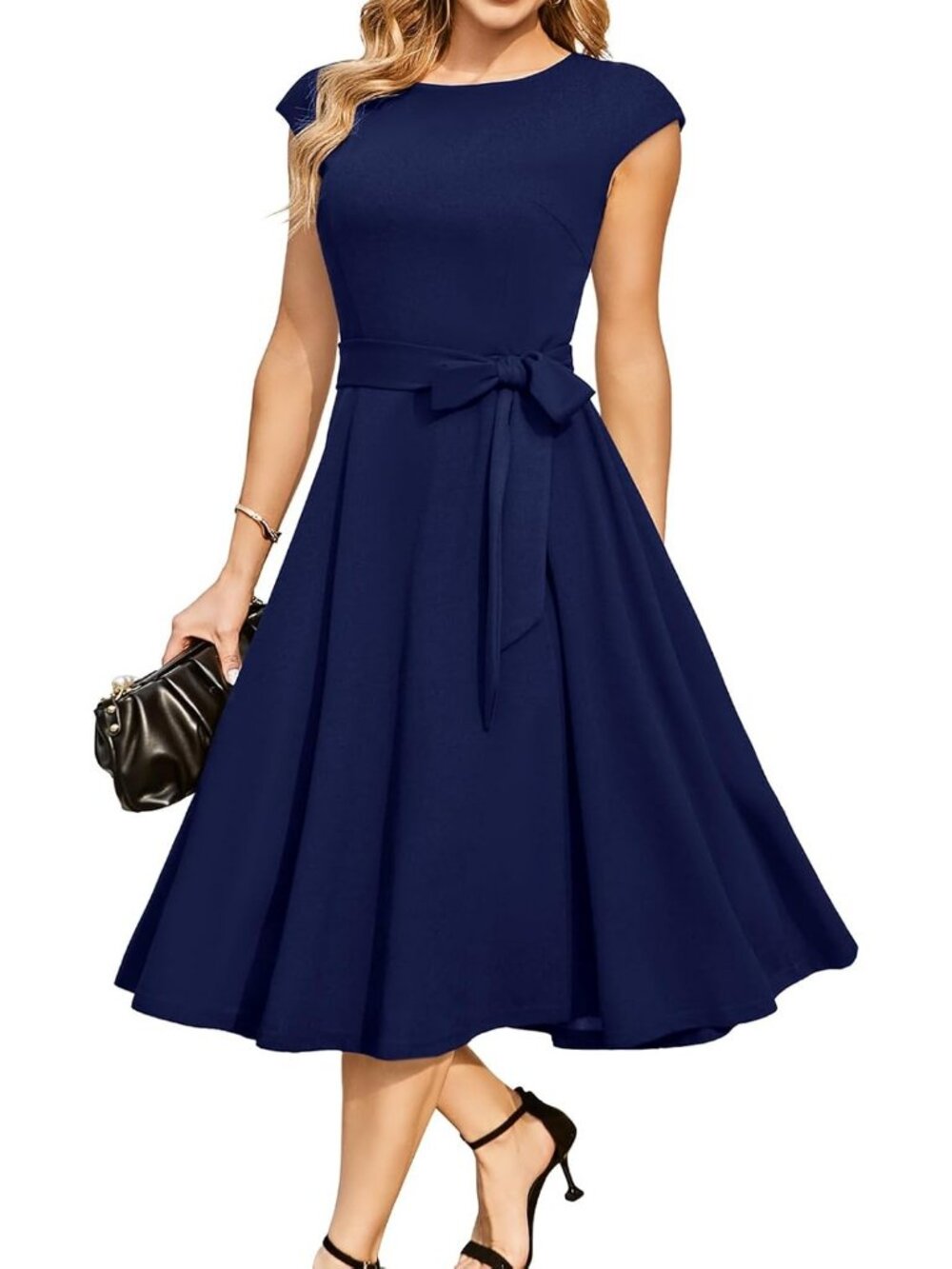 Women's Navy Crew  Neck Casual Mid Calf Cap Sleeve Pull On Zipper Midi Dress